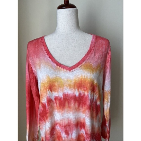 David Cline Top Shirt Size L Multicolor Burnout Fabric 3/4 Sleeve V-Neck Tie Dye - Picture 2 of 9